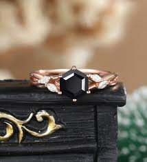 Hexagon Black Onyx Engagement Ring Rose Gold Marquise Cut Moissanite  Diamond Ring Unique Twisted Band Ring Women Anniversary Promise Jewelry