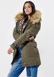 Lien sous tunnel à la taille. Parka Regular Kaki Femme A Capuche Avec Fausse Fourrure Amovible Femme Lofty Kaporal