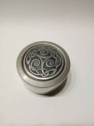 ST JUSTIN PEWTER and wooden celtic trinket box. Nice item in very nice  condition £9.20
