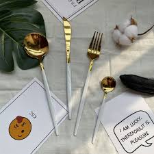 The fork for the first course is the one farthest to the left; 4pcst White Gold Cutlery Set Stainless Steel Dinnerware Silverware Flatware Set Dinner Table Knife Fork Tea Ice Spoon Party Dinnerware Sets Aliexpress