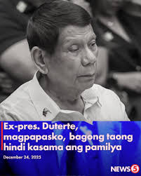 NO HOLIDAY VISIT FOR DUTERTE Magpapasko si dating pangulong Rodrigo Duterte  nang hindi kasama ang kanyang pamilya alinsunod sa patakaran ng  International Criminal Court (ICC) na bawal ang pagbisita tuwing holidays.  "Honestly,