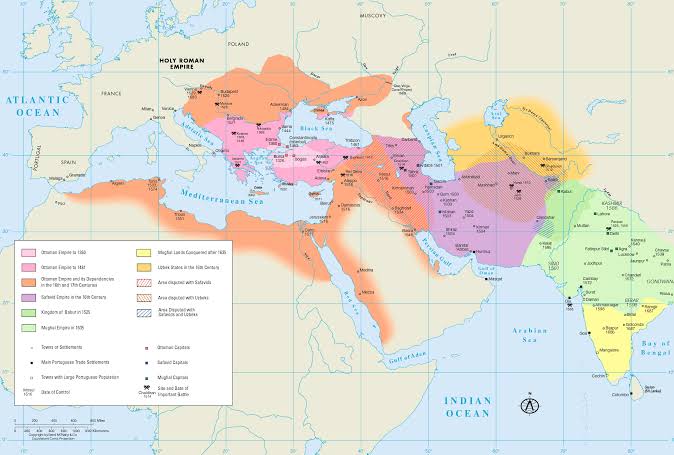 Map of Gunpowder Empires: Ottomans, Safavids, and Mughals (ca. 1600) | Ballandalus