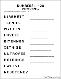 Students are provided pictured words, typically 3 letters long, with the letters scrambled, and are asked to rewrite the letters to form the word. Number Words 11 20 Worksheets Tree Valley Academy