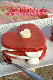 Red Velvet Pancakes With Cream Cheese Fluff This Silly Girl S Kitchen Recipe Valentines Breakfast Red Velvet Pancakes Hot Fudge