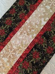 Christmas Table Runner Quilt Black Red White Gold Snowflakes Pointsettia Flo Christmas Table Runner Quilted Table Runners Patterns Handmade Table Runner