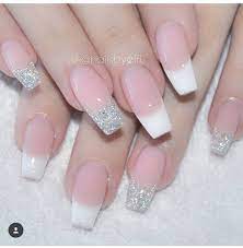 Glittered French Coffin Bling Nails Coffin Nails Designs French Tip Acrylic Nails