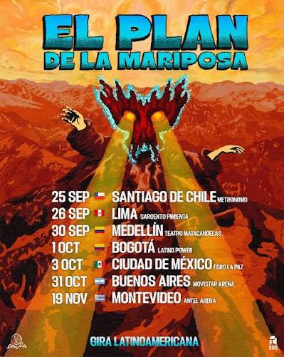 🇦🇷 El Plan de la Mariposa anunció una nueva gira latinoamericana que recorrerá seis países entre septiembre y noviembre. 🎸 El tour incluirá presentaciones en Santiago de Chile, Lima, Medellín, Bogotá, Ciudad