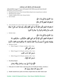 1) melaksanakan shalat sunnat sebanyak 10 raka'at (5 kali salam) 2) niatnya : Amalan Bulan Rajab