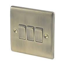 Satin brass victorian 6a rocker light switches. British General Nexus Metal 10ax 3 Gang 2 Way Light Switch Antique Brass Switches Screwfix Com