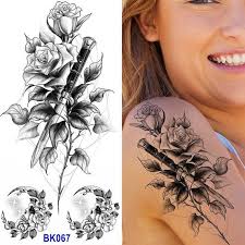 Spike Rose Fiore Teschio Pugnale Tatuaggi corpo Schizzo nero Spina Rosa  coltello Teschio Stella Foglia Corpo Vita Braccio Collo Tatuaggi temporanei  di arte Serie BK