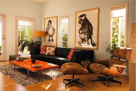 Grey Black And Brown Living Room Nice White Living Room With Black Sofa Brown Eames Lounge Chair Orange Table And Large Pictu Living Room Orange Brown Living Room Decor Brown Couch Living Room