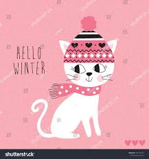 Hello Winter Cat In Hat Vector Illustration Illustration Desenler Baski