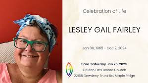 Gail Chamberlain Memorial at Golden Ears United Church Maple Ridge 11 am  August 17th, 2024