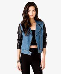 Faux Leather Sleeve Moto Jacket Denim Jacket Women Fashion Leather Jacket