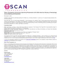 TScan Therapeutics Announces Upcoming Presentation at the 65th American  Society of Hematology Annual Meeting and Exposition