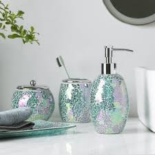 Mosaic soap dispenser & toothbrush holder. 4 Pieces Bathroom Accessory Set Bright Colored Mosaic Glass Bath Ensemble Lotion Dispenser Toothbrush Holder Cotton Jar Vanity Tray Green Walmart Com In 2021 Glass Mosaic Bathroom Bathroom Accessories Mosaic Glass