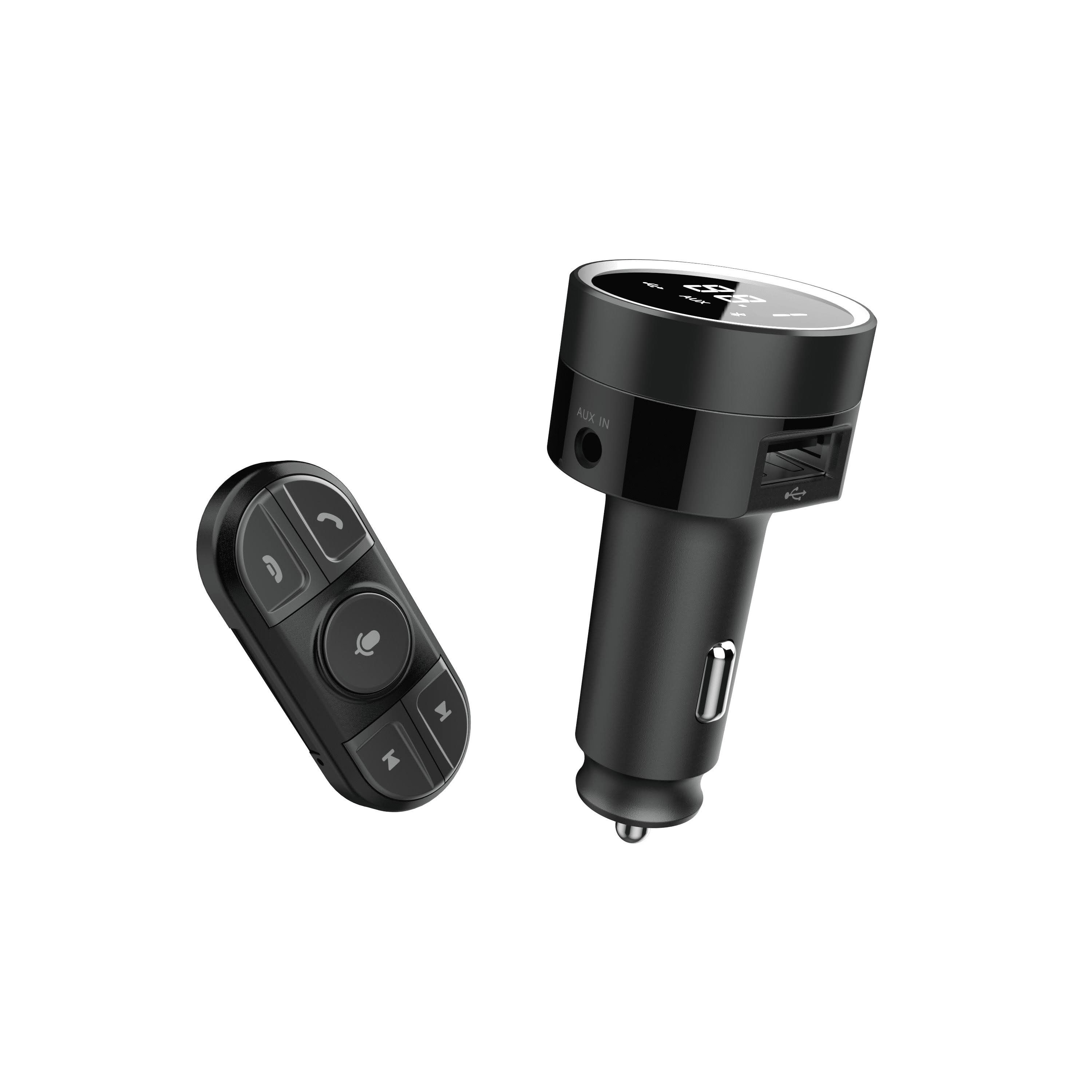 Auto Drive Bluetooth FM transmitter via remote control and charging ports compatible with smartphone