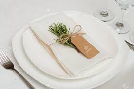 Make sure the fold of the last pleat is at the bottom edge and all the pleats are underneath. Wedding Table Setting With Rosemary On White Napkin Wedding Stock Photo Picture And Royalty Free Image Image 102124104