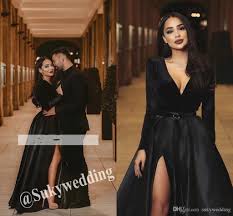 2019 Elegant Black Prom Evening Dresses Satin Long Sleeve Women Formal Party Ball Gown Plus S Plus Size Evening Gown Wedding Guest Gowns Custom Made Prom Dress