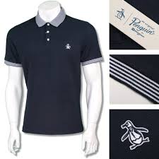 Penguin Original Mens Retro Fine Stripe Collar Polo Shirt Navy