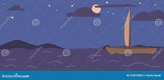 Wooden Boat with Sails Float at Night Ocean Under Starry Sky with Shining  Full Moon Above Sea with Rocks Stock Vector - Illustration of clouds,  night: 274672834