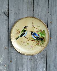Vintage Bird Plate Decorative Japan Enesco Blue Green Pink Gold Trim Wall Decor Art Hanging Cottage Shabby Chic Kitch Bird Plates Gold Trim Walls Vintage Birds