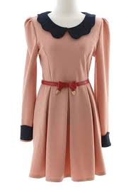 Pink Belt Falbala Peter Pan Collar Long Sleeve Dress Simple Long Sleeve Dress Fashion Dresses