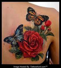 Rose Tattoo On Shoulder Beautiful Colored Butterflies And 3d Red Rose Tattoo On Back Butterfly Tattoo Designs Rose And Butterfly Tattoo Butterfly Back Tattoo