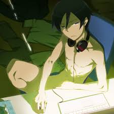 kanna asuke, kousaka kyousuke, ore no imouto ga konna ni kawaii wake ga  nai, 1boy, :<, abs, black eyes, black hair, casual nudity, censored,  clothes on floor, computer, computer keyboard, computer mouse,