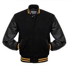 Black Wool Varsity Jacket Black Leather Sleeves In 2021 Leather Sleeve Jacket Varsity Jacket Varsity Jacket Men