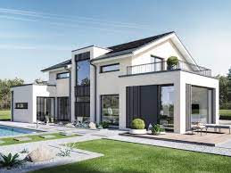 Modernes haus mit garage & flachdach im bauhausstil bauen, einfamilienhaus grundriss offen, 5 zimmer, 370 qm gross, mit keller, kamin, wintergarten, dachterrasse, wellness im ug, weiße putz. Modernes Design Haus Concept M 154 Hannover Hausbaudirekt De