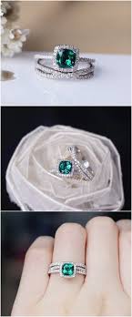 6mm Cushion Emerald Ring Set Solid 14k White Gold Wedding Ring Emerald Engagement Ring Set Emerald Engagement Ring Set Wedding Rings Vintage Wedding Ring Sets