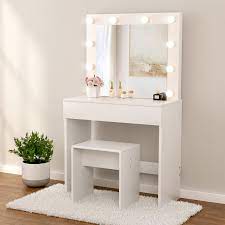 The light on the top of the mirror shines brightly on the face and you can easily do finer details of makeup on your face. Mecor Makeup Vanity Table W 10 Led Lights Mirror Vanity Set With Stool Drawer Wood Dressing Table Bedroom Furniture Girls Women Gifts White Buy Online In Aruba At Aruba Desertcart Com Productid 134230144