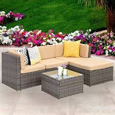 Wisteria Lane Outdoor Sectional Patio Furniture 5 Piece Wicker Rattan Sofa Couch With Ottoma Conversation Sectional Patio Furniture Beige Cushions Rattan Sofa