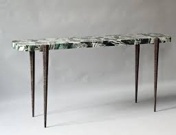 Pewter metal & black tempered glass modern entryway console table with 4 storage shelves. Bind Console In Green Zebra Agate Contemporary Transitional Mid Century Modern Console T Modern Console Tables Console Table Mid Century Modern Console Table