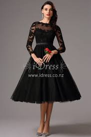Tea Length Long Sleeve Black Cocktail Evening Dress Cocktail Evening Dresses Prom Dresses With Sleeves Black Prom Dress Short
