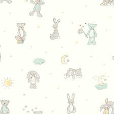 Two kids room with bed. Arthouse Bear Hugs Teddy Bear Pattern Stars Moon Nursery Childrens Wallpaper 667400 Mint I Want Wallpaper