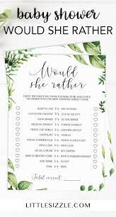 Watercolor Leaves Baby Shower Game Would She Rather Printable Garden Baby Showers Baby Shower Printables Gender Neutral Baby Shower