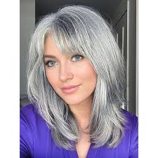 Silver Ash Brown Grey Wigs for White Women Medium Length Layered Silver  Gray Wavy Wig with Bangs Natural Looking Heat Synthetic Side Part Gray Wigs  for Daily Party Use Salt and Pepper