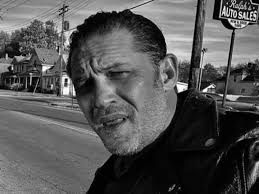 Tom Hardy as Johnny Davis and Damon Herriman as his right-hand guy Brucie,  in The Bikeriders. This is such a cool photo, it looks right out of Danny  Lyon's 1968 book. I
