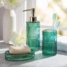 Shop 11 green kids bath accessories from top brands such as carter's, creative bath and emporio armani and earn cash back from retailers such as giglio, kohl's and macy's all in one place. 3 Piece Glass Bath Accessory Set By Drew Barrymore Flower Home Green Walmart Com Walmart Com