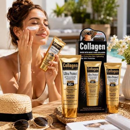 bloqueador solar Collagen Ultra Protect con SPF 90+ y colágeno Ofrece una  alta protección solar SPF 90+ PA+++ y hasta 8 horas de defensa contra los  rayos UVA/UVB. Su fórmula 3 en