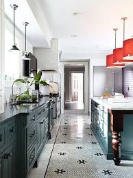Deep Peacock Bottom Cabinets And Coral Drum Shades Kitchen Flooring Beautiful Kitchens Kitchen Inspirations