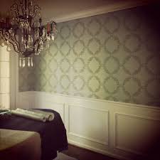 A collection of walls featuring a seamless diamond chair rail with a white border, in four different colors. Paint All White Below Chair Rail Paper On Top Not This Paper A Shimmery Something Dining Room Wallpaper Dining Room Makeover Dinning Room Chairs