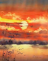 If you're just beginning with watercolors these ideas look like a great way to practice watercolor techniques. Beautiful Sunset Watercolour Watercolor Sunset Watercolor Landscape Paintings Art Painting