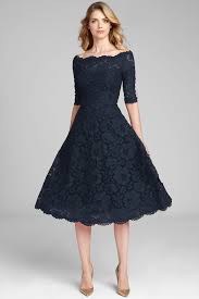 Navy Off The Shoulder Fit And Flare Tea Length Lace Dress In 2020 Cocktail Dresses With Sleeves Tea Length Dresses Tea Length Cocktail Dresses