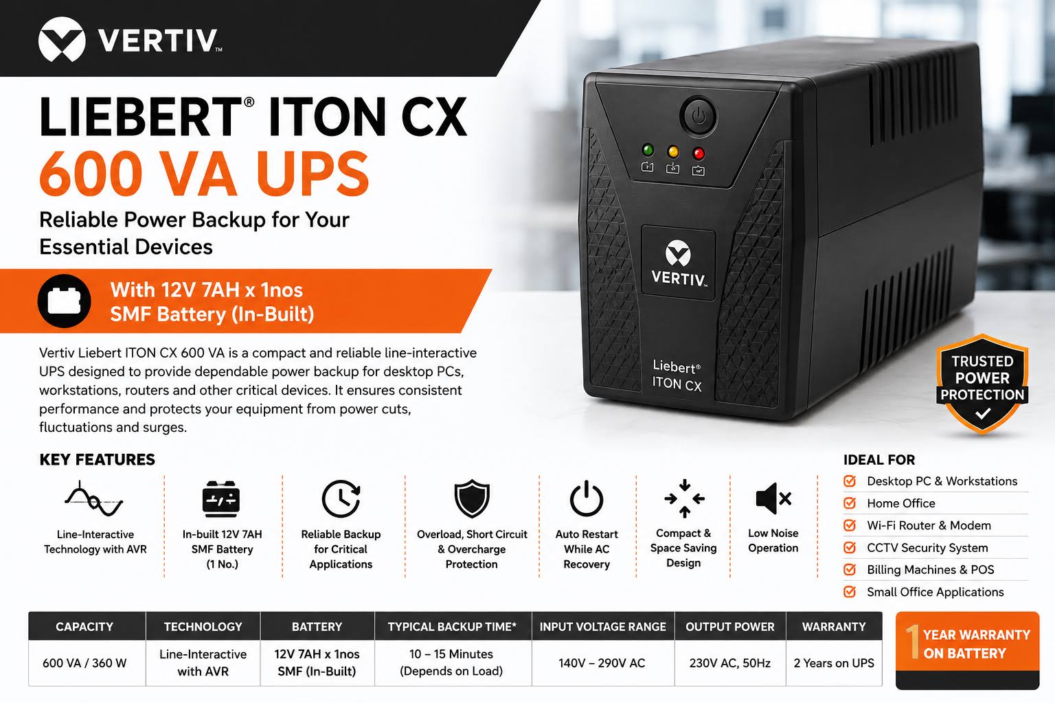 Vertiv Liebert ITON CX 600 VA with 12V 7AH x 1nos SMF batt product image