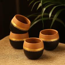 Black And Gold Design For Pots Terra Sips Hand Painted Kullads In Earthen Terracotta Set Of 4 Painted Pots Diy Pottery Painting Designs Pottery Painting