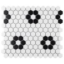Black And White Hexagon Floor Tile Flower Merola Tile Metro Hex Matte White With Flower 10 1 4 In X 11 3 4 In X 6 Mm Porcelain Mosaic Tile Fdxmhmwf In 2020 Porcelain Mosaic Tile Porcelain Mosaic Merola Tile