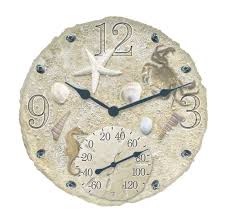 12 Round Seashells Outdoor Clock And Thermometer Outdoor Wall Clocks Outdoor Clock Outdoor Thermometer